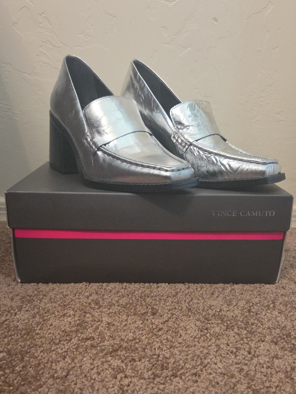 Vince Camuto Metallic Silver Block Heel Penny Loafers